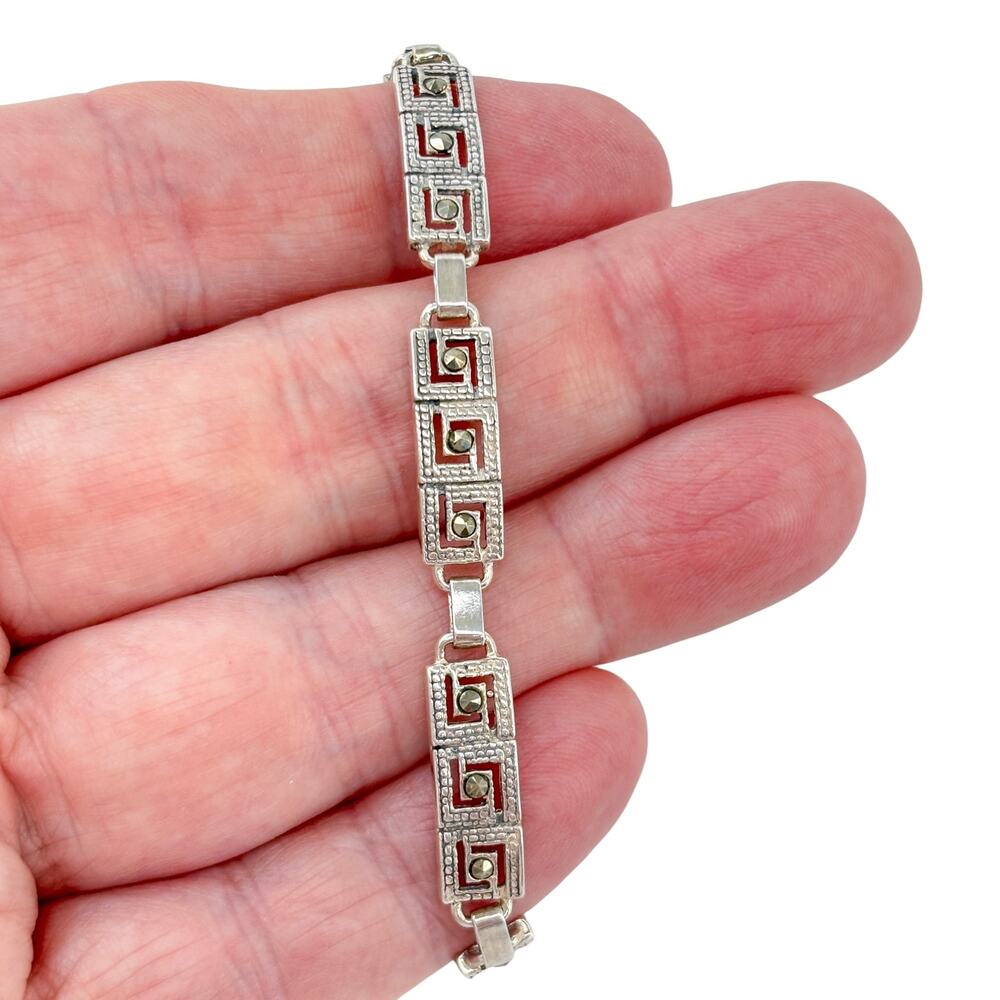 Vintage Sterling Silver 925 Marcasite Greek Key Bracelet 7.5"